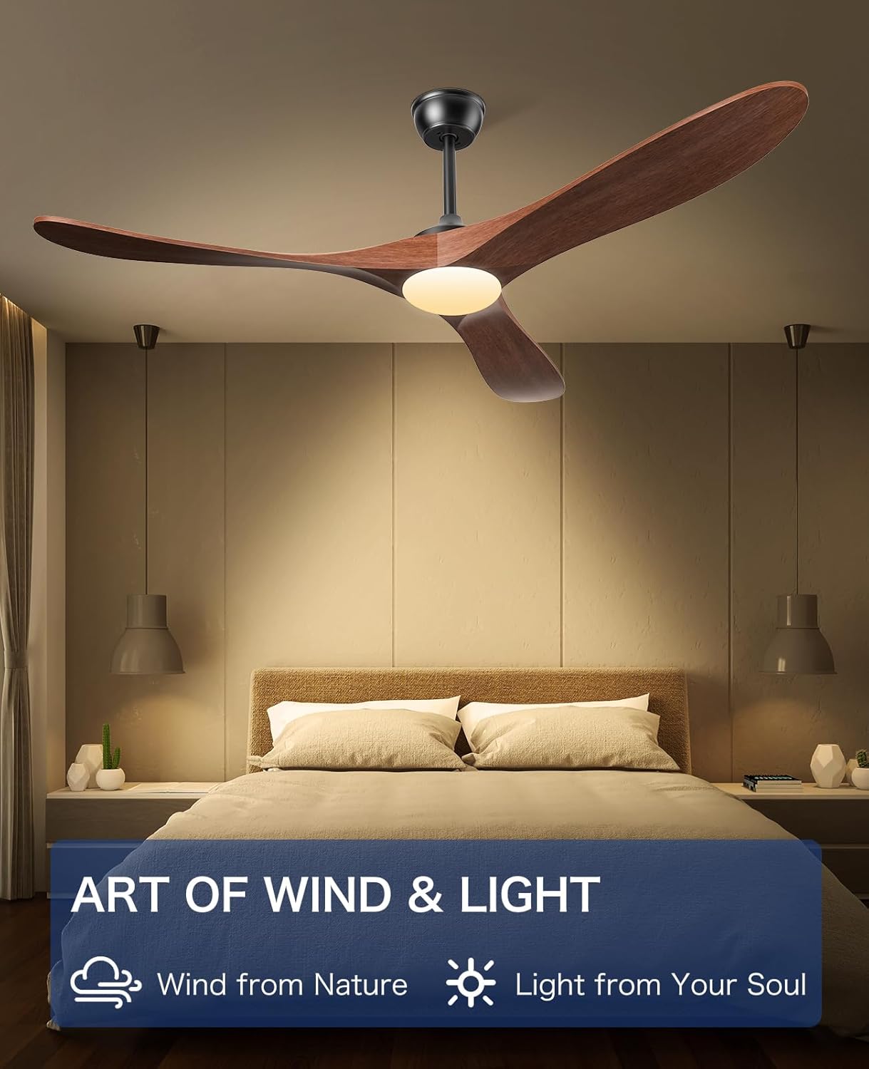 60" Ceiling Fan with Light & Remote, 3 Solid Wood Blades, Outdoor/Indoor DC Motor (Dark Walnut)
