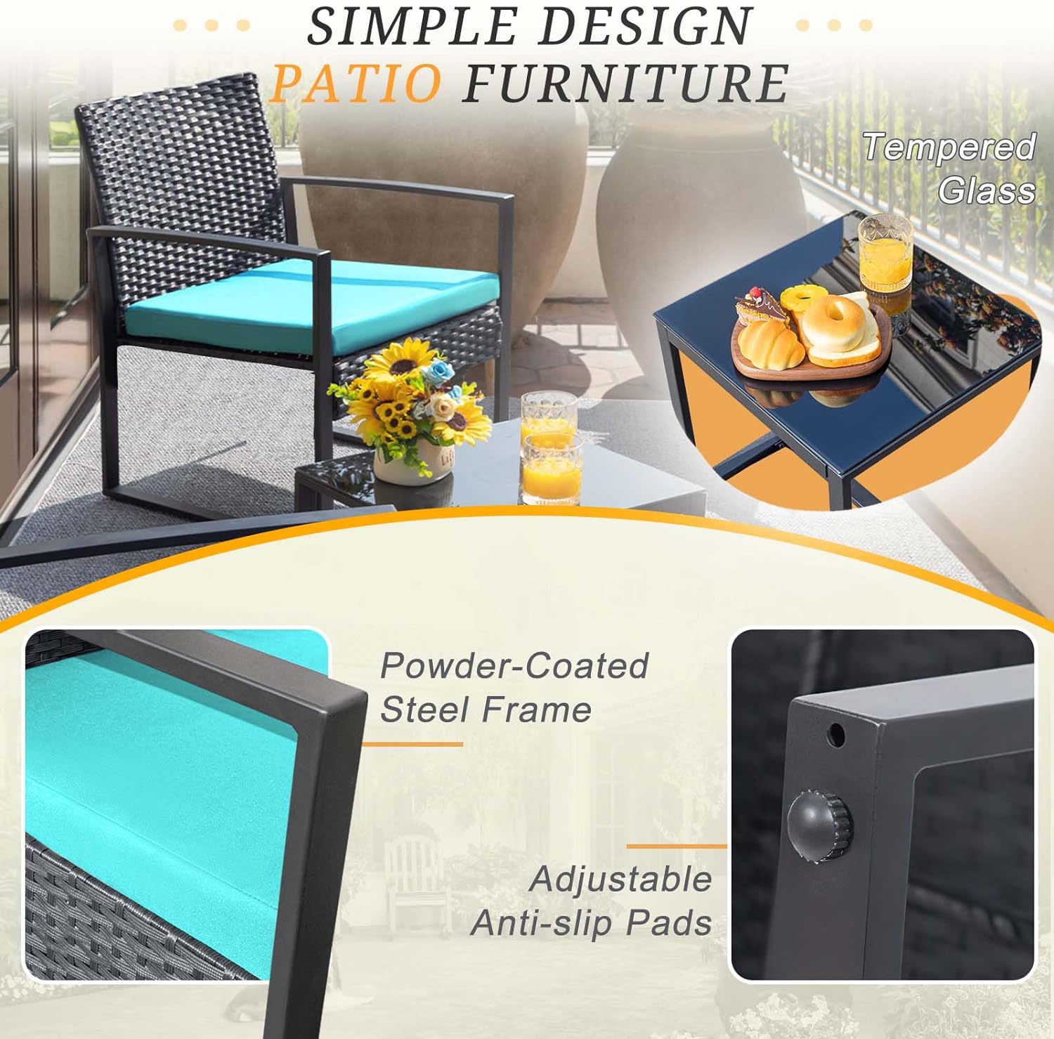 3-Piece Outdoor Patio Wicker Furniture Set, Modern Rattan Conversation Chairs with Coffee Table for Yard, Porch, Balcony & Bistro (Blue)