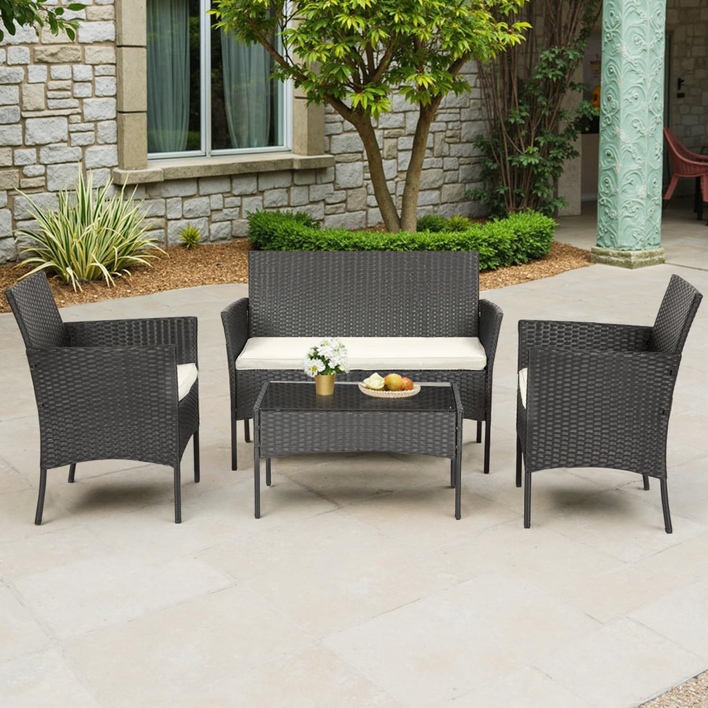 4-Piece Outdoor Patio Furniture Set, Black PE Rattan Wicker Chairs with Loveseat & Coffee Table – Weather-Resistant Conversation Seating for Porch, Garden & Lawn