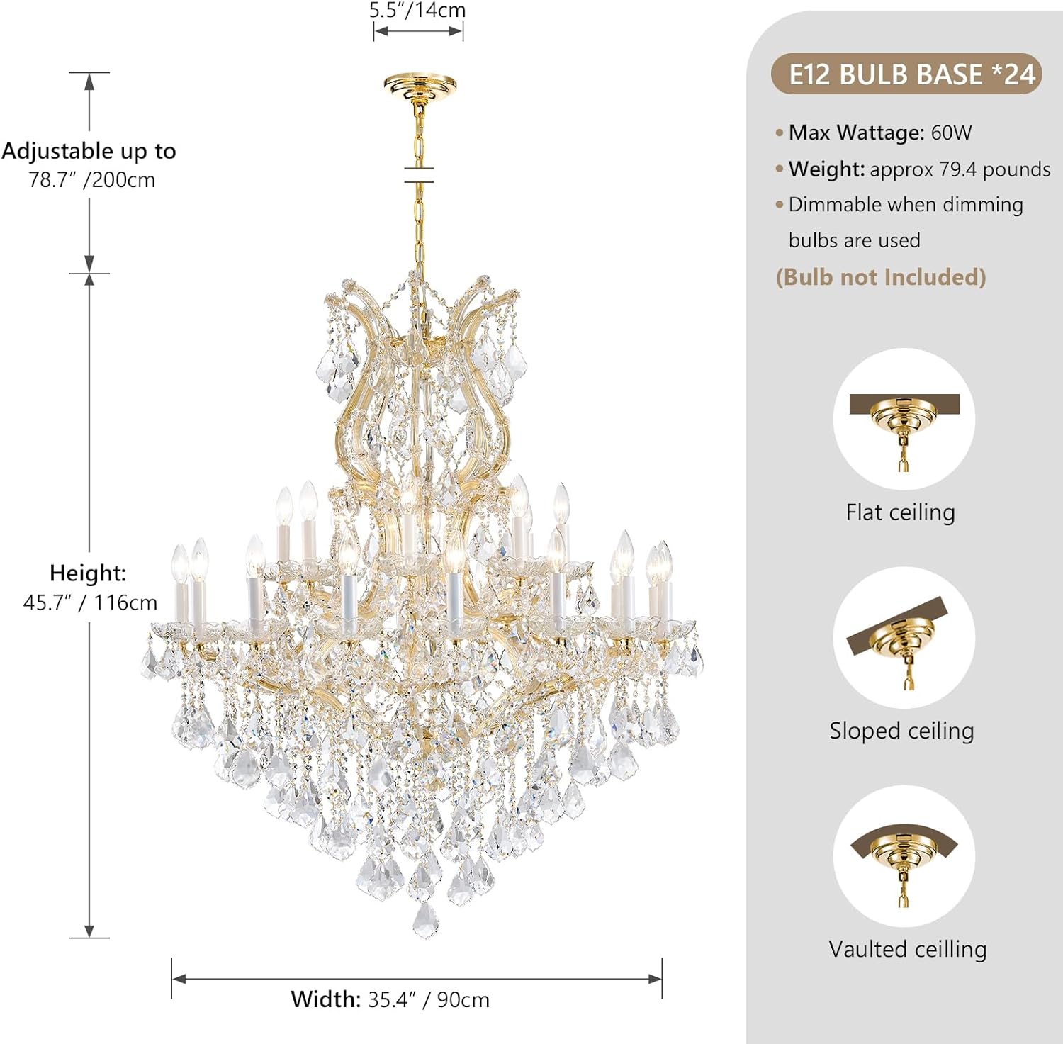 24-Light Gold Large Crystal Chandelier, Modern Maria Theresa Chandelier Lighting for Foyer, Entryway, Staircase & Dining Room