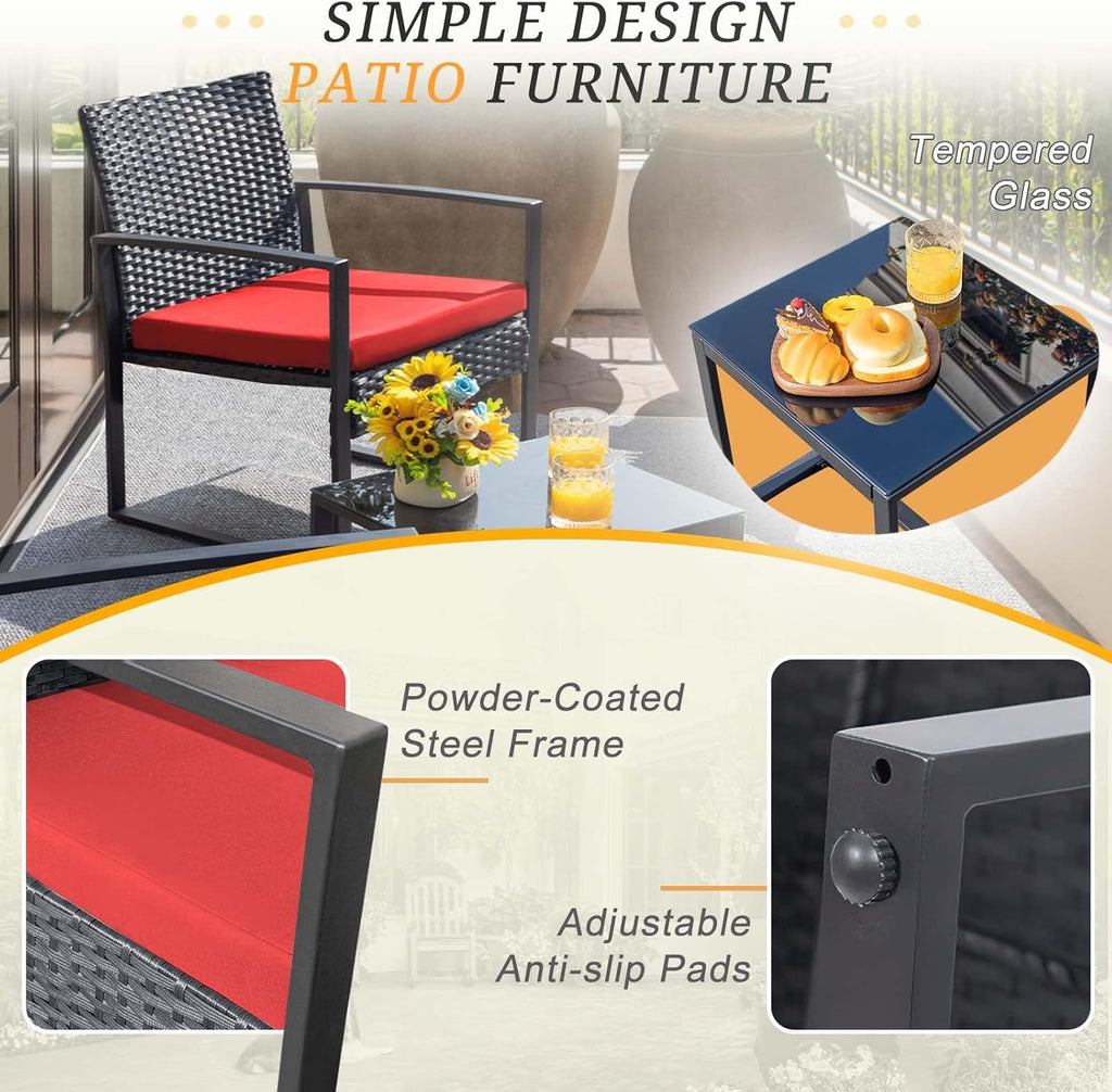 3-Piece Outdoor Patio Wicker Furniture Set, Modern Rattan Conversation Chairs with Coffee Table for Yard, Porch, Balcony & Bistro (Red)