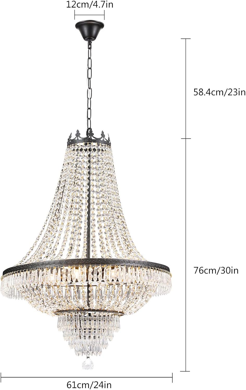 9-Light French Empire Crystal Chandelier, Black Ceiling Lighting Fixture for Living Room, Dining Room, Foyer & Entryway