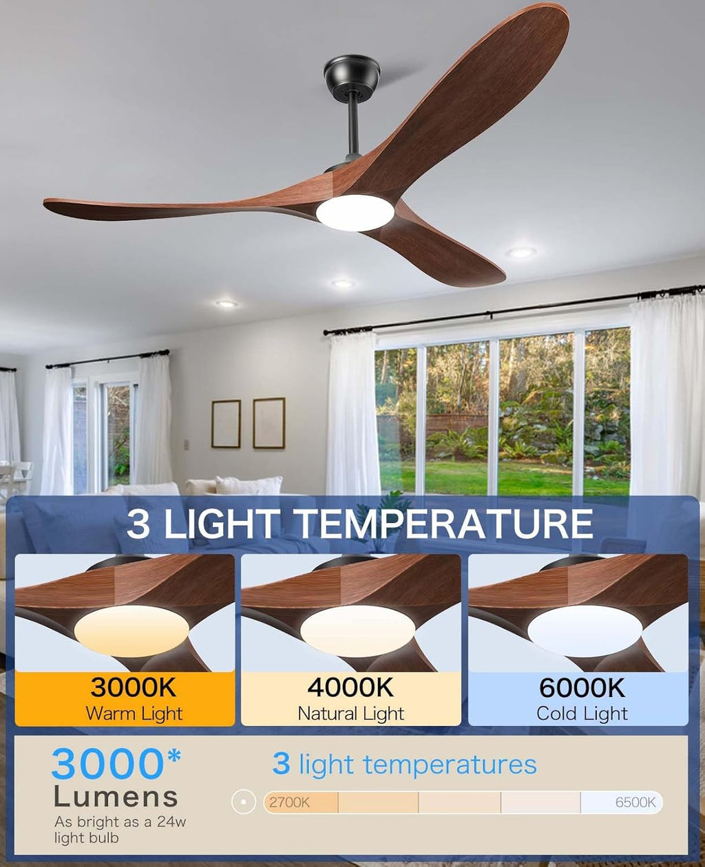 60" Ceiling Fan with Light & Remote, 3 Solid Wood Blades, Outdoor/Indoor DC Motor (Dark Walnut)