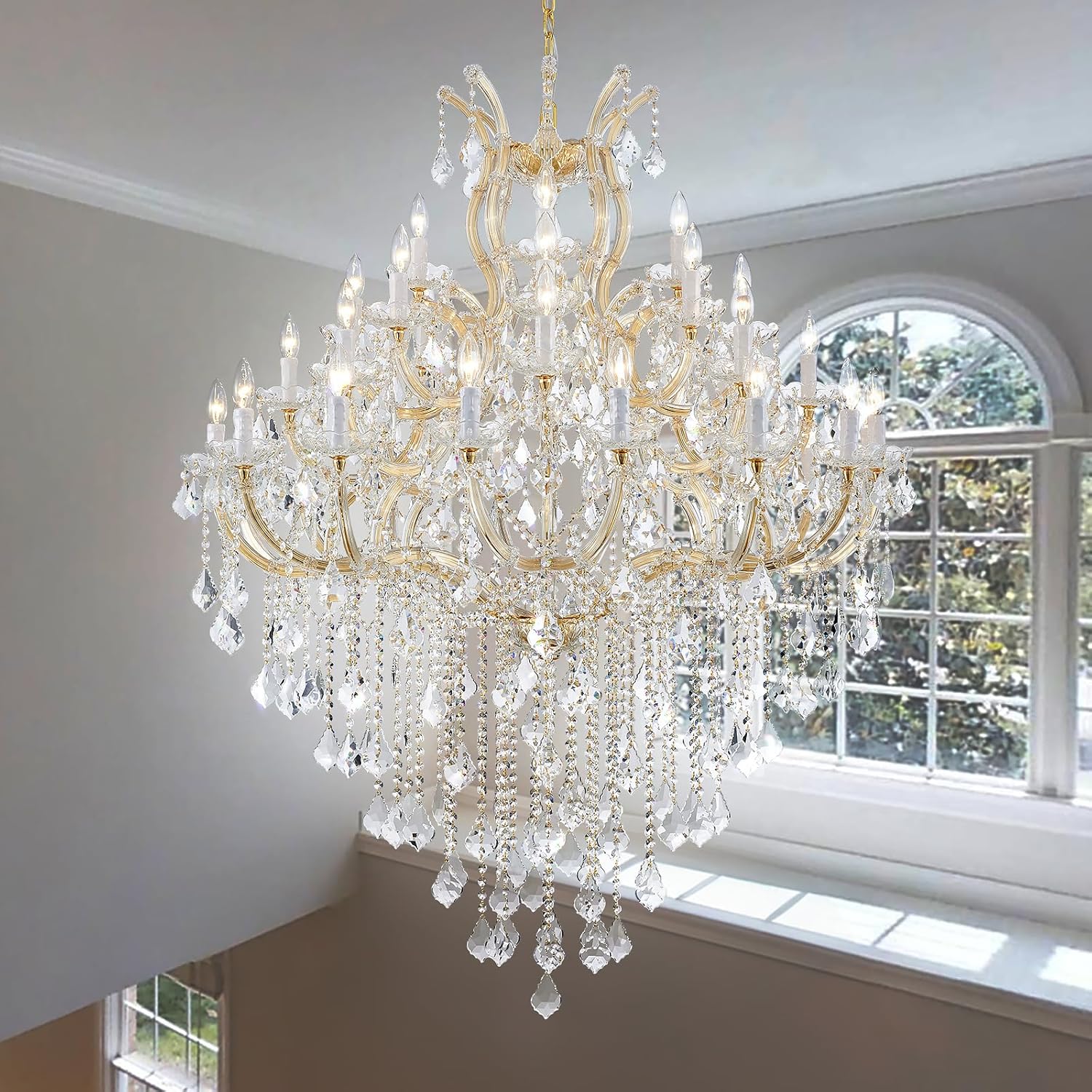 36-Light Large Gold Modern Crystal Chandelier, 4-Layer Luxury Ceiling Light Fixture for Hotel, Lobby, Foyer & Staircase