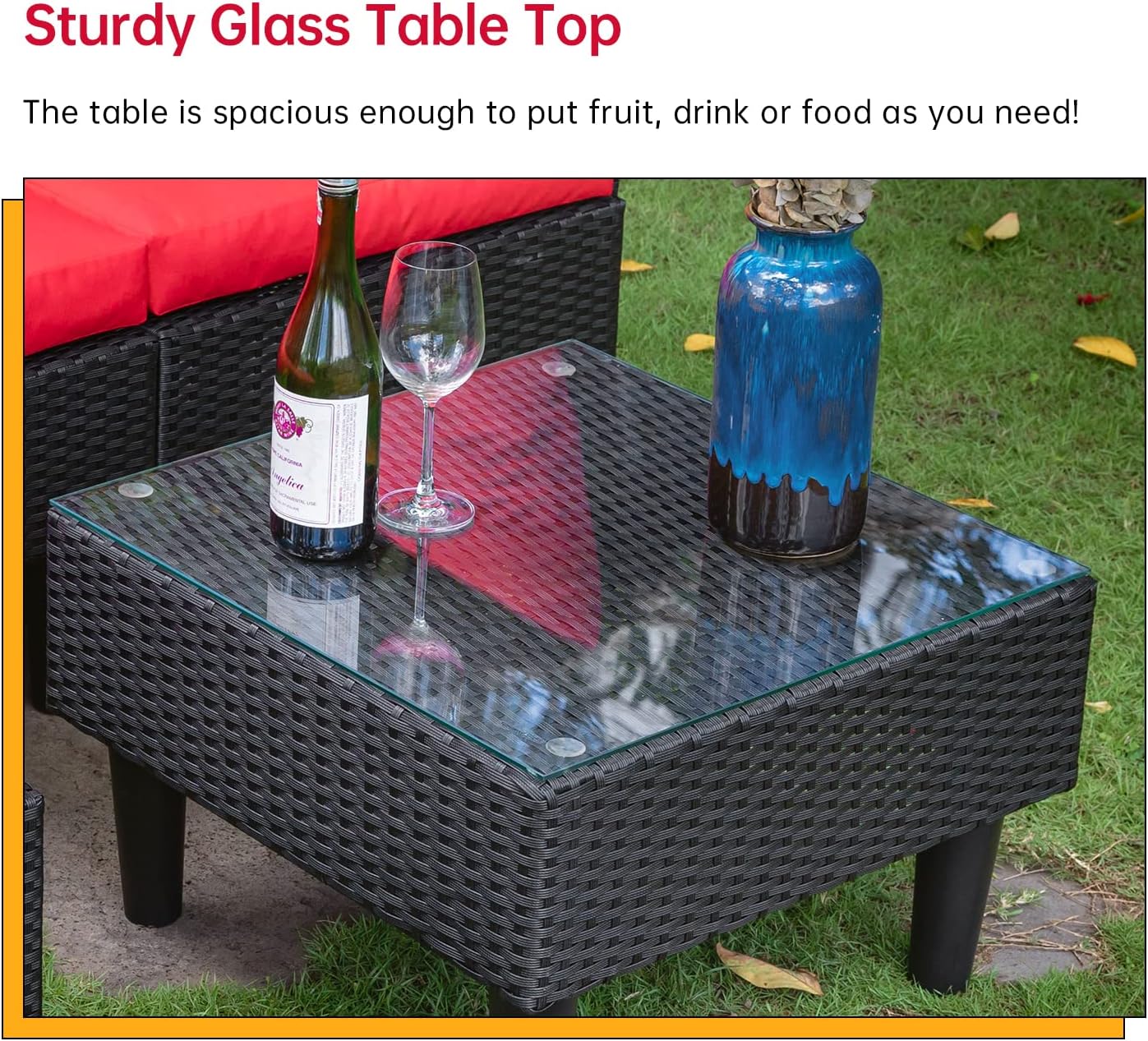 5-Piece Patio Sectional Furniture Set, Outdoor Wicker Rattan Sofa with Red Cushions & Coffee Table for Backyard, Poolside, Porch & Garden