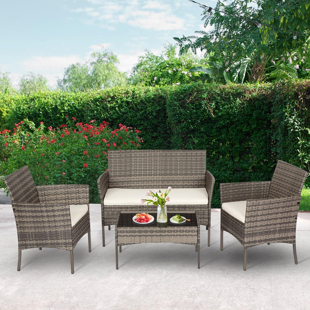 4-Piece Outdoor Patio Furniture Set, Gray & Khakhi PE Rattan Wicker Chairs with Loveseat & Coffee Table – Weather-Resistant Conversation Seating for Porch, Garden & Lawn