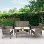 4-Piece Outdoor Patio Furniture Set, Gray & Khakhi PE Rattan Wicker Chairs with Loveseat & Coffee Table – Weather-Resistant Conversation Seating for Porch, Garden & Lawn