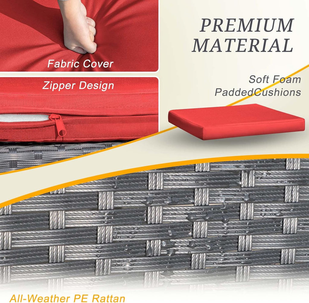 3-Piece Outdoor Patio Wicker Furniture Set, Modern Rattan Conversation Chairs with Coffee Table for Yard, Porch, Balcony & Bistro (Red)