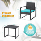 3-Piece Outdoor Patio Wicker Furniture Set, Modern Rattan Conversation Chairs with Coffee Table for Yard, Porch, Balcony & Bistro (Blue)