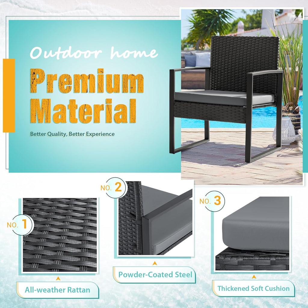3-Piece Outdoor Patio Wicker Furniture Set, Modern Rattan Conversation Chairs with Coffee Table for Yard, Porch, Balcony & Bistro (Grey)