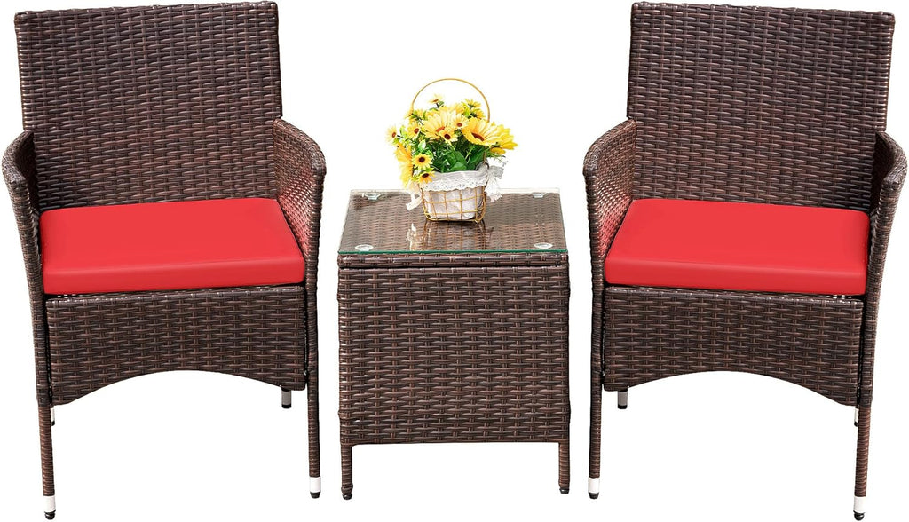3-Piece Patio Porch Furniture Set, PE Rattan Wicker Chairs with Table, Outdoor Garden Conversation Set (Brown/Red)