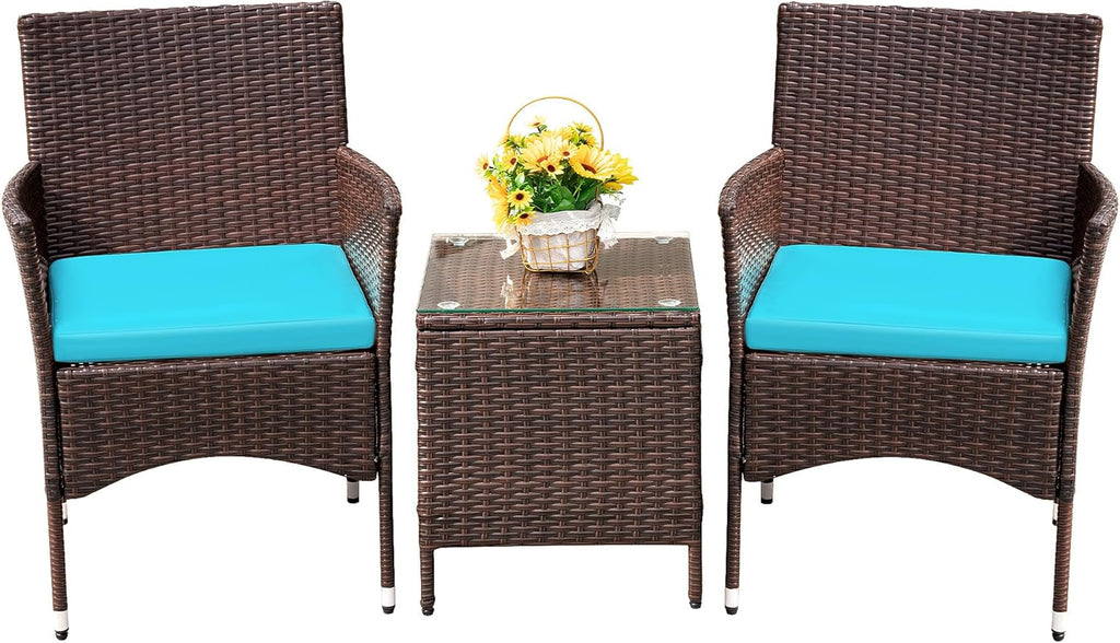 3-Piece Patio Porch Furniture Set, PE Rattan Wicker Chairs with Table, Outdoor Garden Conversation Set (Brown/Blue)
