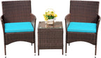 3-Piece Patio Porch Furniture Set, PE Rattan Wicker Chairs with Table, Outdoor Garden Conversation Set (Brown/Blue)