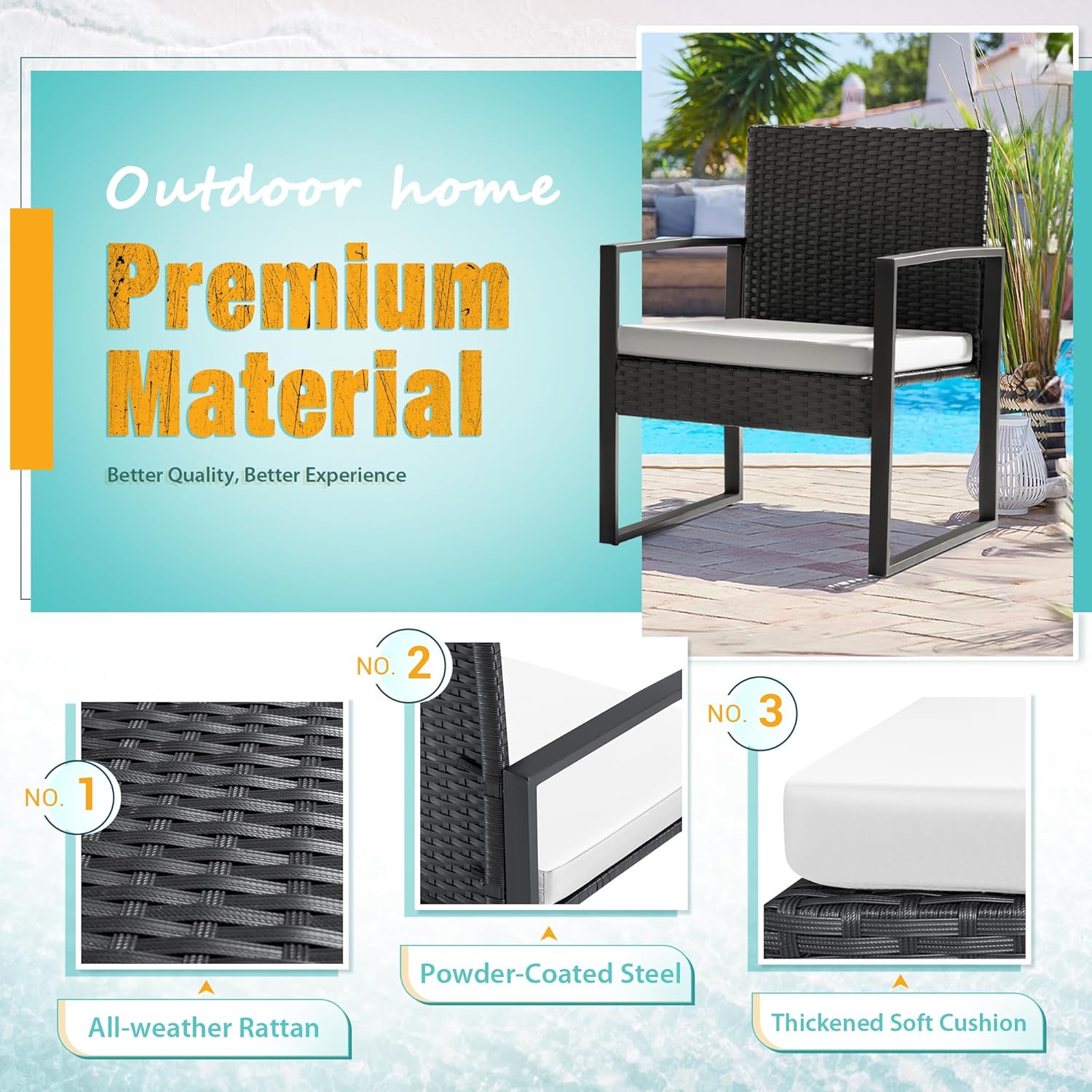 3-Piece Outdoor Patio Wicker Furniture Set, Modern Rattan Conversation Chairs with Coffee Table for Yard, Porch, Balcony & Bistro (White)