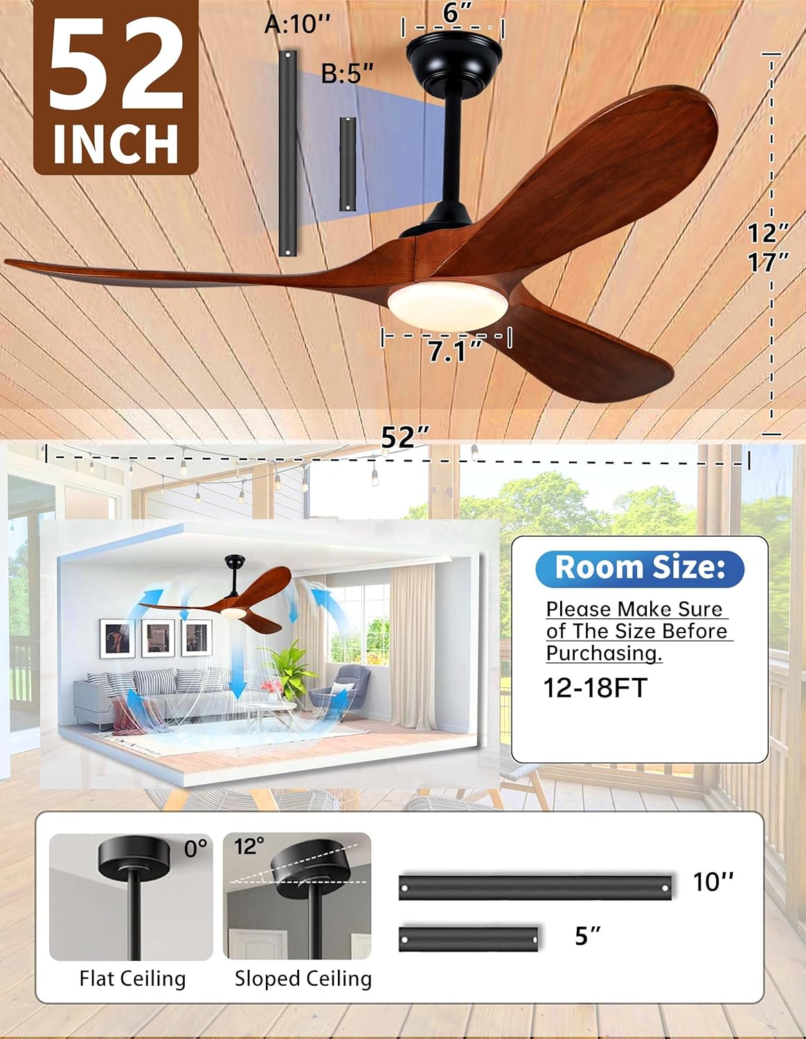 52" Indoor/Outdoor Ceiling Fan with Light and Remote, 3 Solid Walnut Blades, Quiet High CFM DC Motor & Memory Function for Patio or Porch