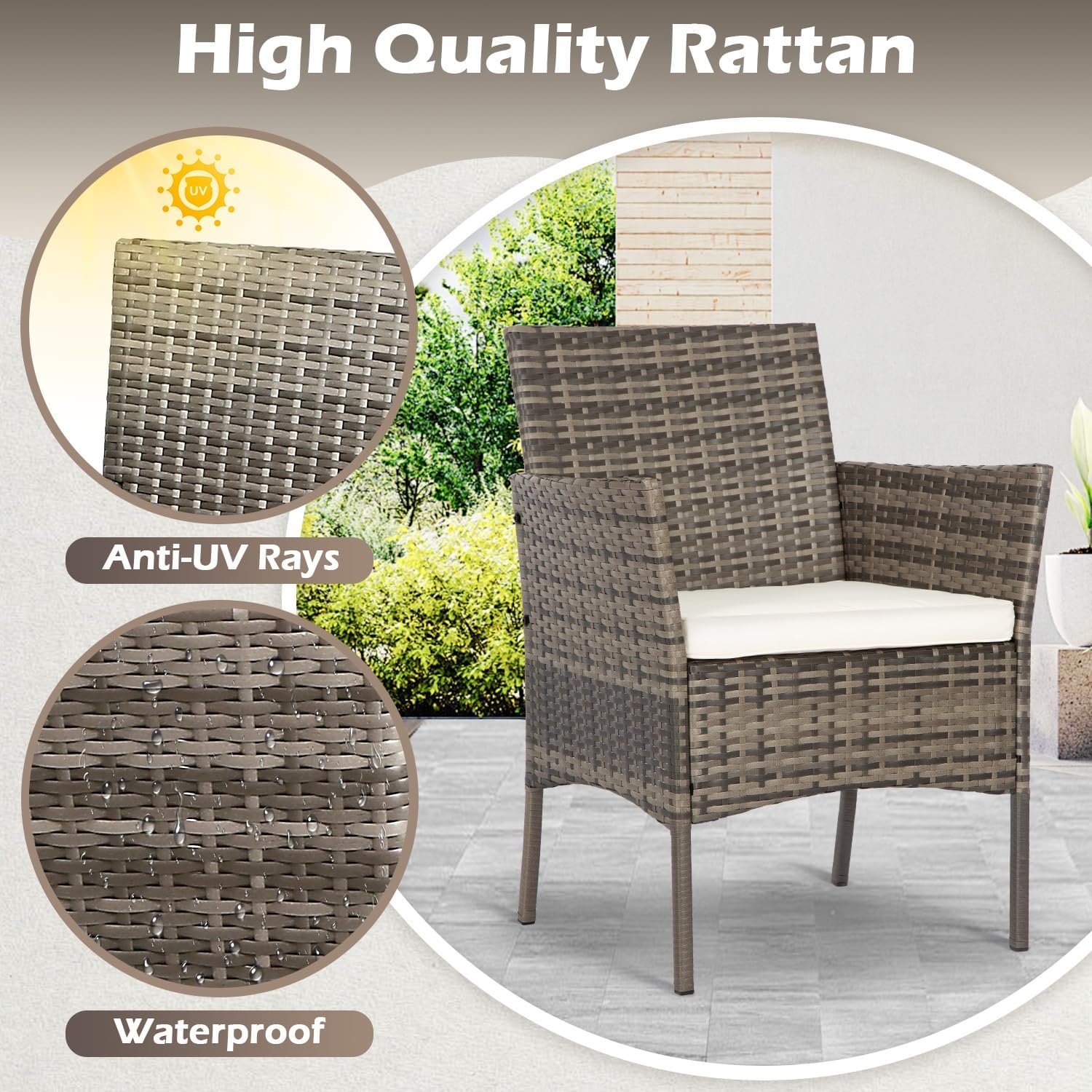 4-Piece Outdoor Patio Furniture Set, Gray & Khakhi PE Rattan Wicker Chairs with Loveseat & Coffee Table – Weather-Resistant Conversation Seating for Porch, Garden & Lawn