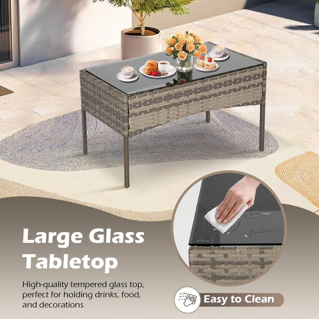 4-Piece Outdoor Patio Furniture Set, Gray & Khakhi PE Rattan Wicker Chairs with Loveseat & Coffee Table – Weather-Resistant Conversation Seating for Porch, Garden & Lawn