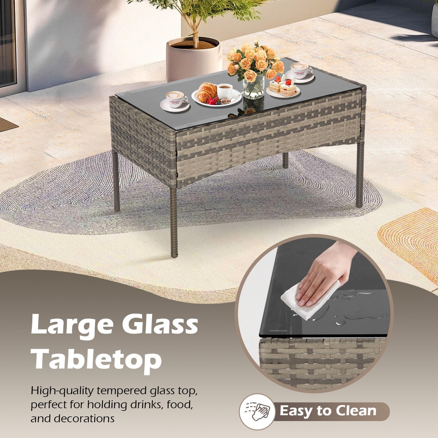 4-Piece Outdoor Patio Furniture Set, Gray & Khakhi PE Rattan Wicker Chairs with Loveseat & Coffee Table – Weather-Resistant Conversation Seating for Porch, Garden & Lawn