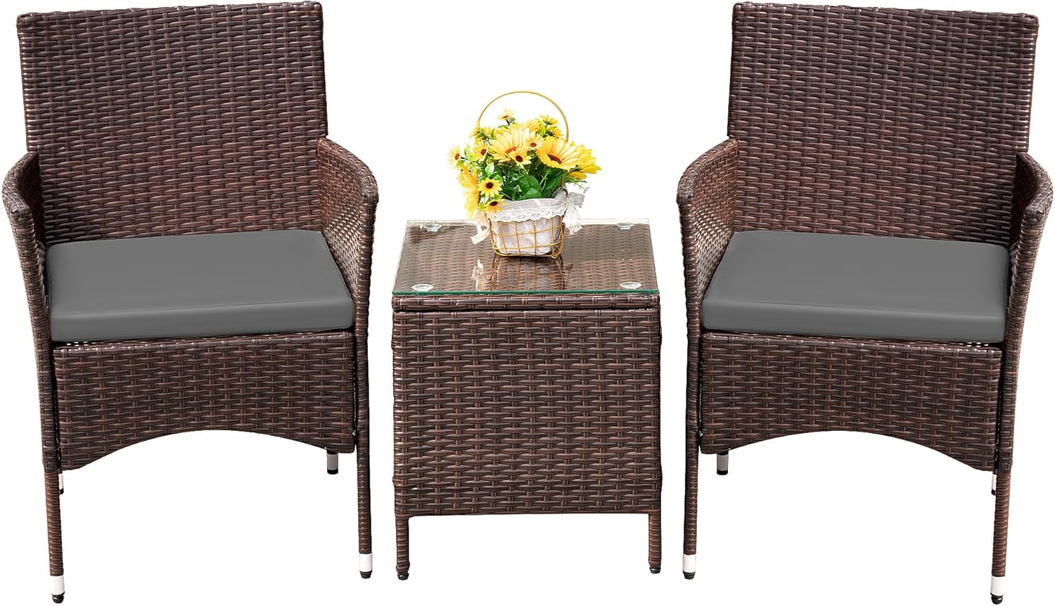 3-Piece Patio Porch Furniture Set, PE Rattan Wicker Chairs with Table, Outdoor Garden Conversation Set (Brown/Grey)