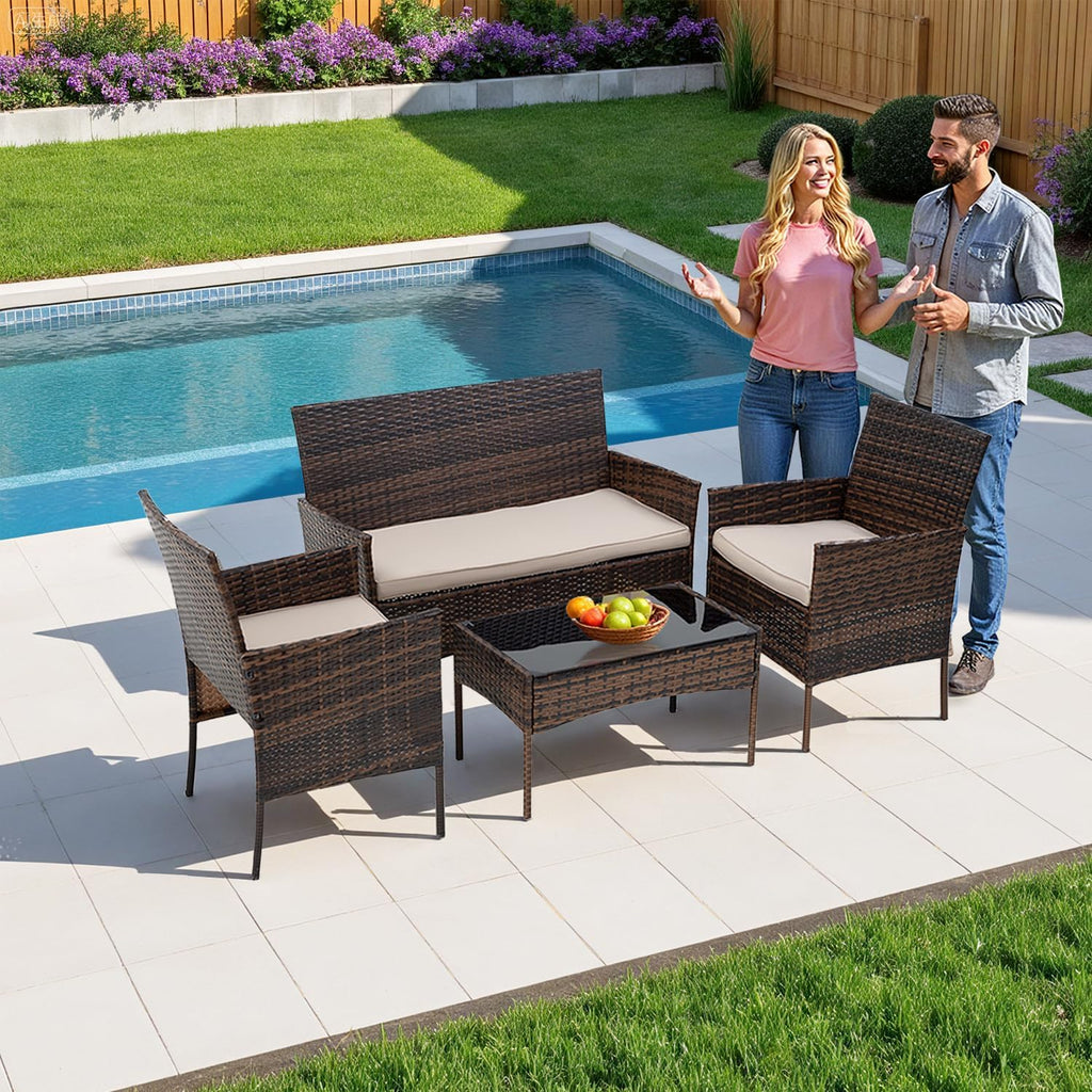 4-Piece Outdoor Patio Furniture Set, Brown PE Rattan Wicker Chairs with Loveseat & Coffee Table – Weather-Resistant Conversation Seating for Porch, Garden & Lawn