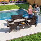 4-Piece Outdoor Patio Furniture Set, Brown PE Rattan Wicker Chairs with Loveseat & Coffee Table – Weather-Resistant Conversation Seating for Porch, Garden & Lawn