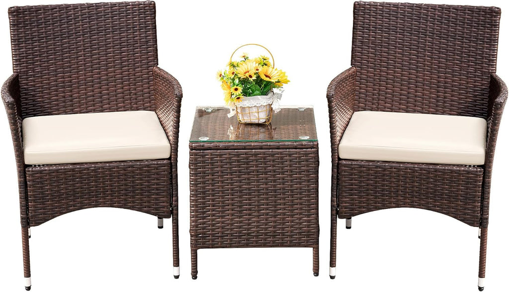 3-Piece Patio Porch Furniture Set, PE Rattan Wicker Chairs with Table, Outdoor Garden Conversation Set (Brown/Beige)