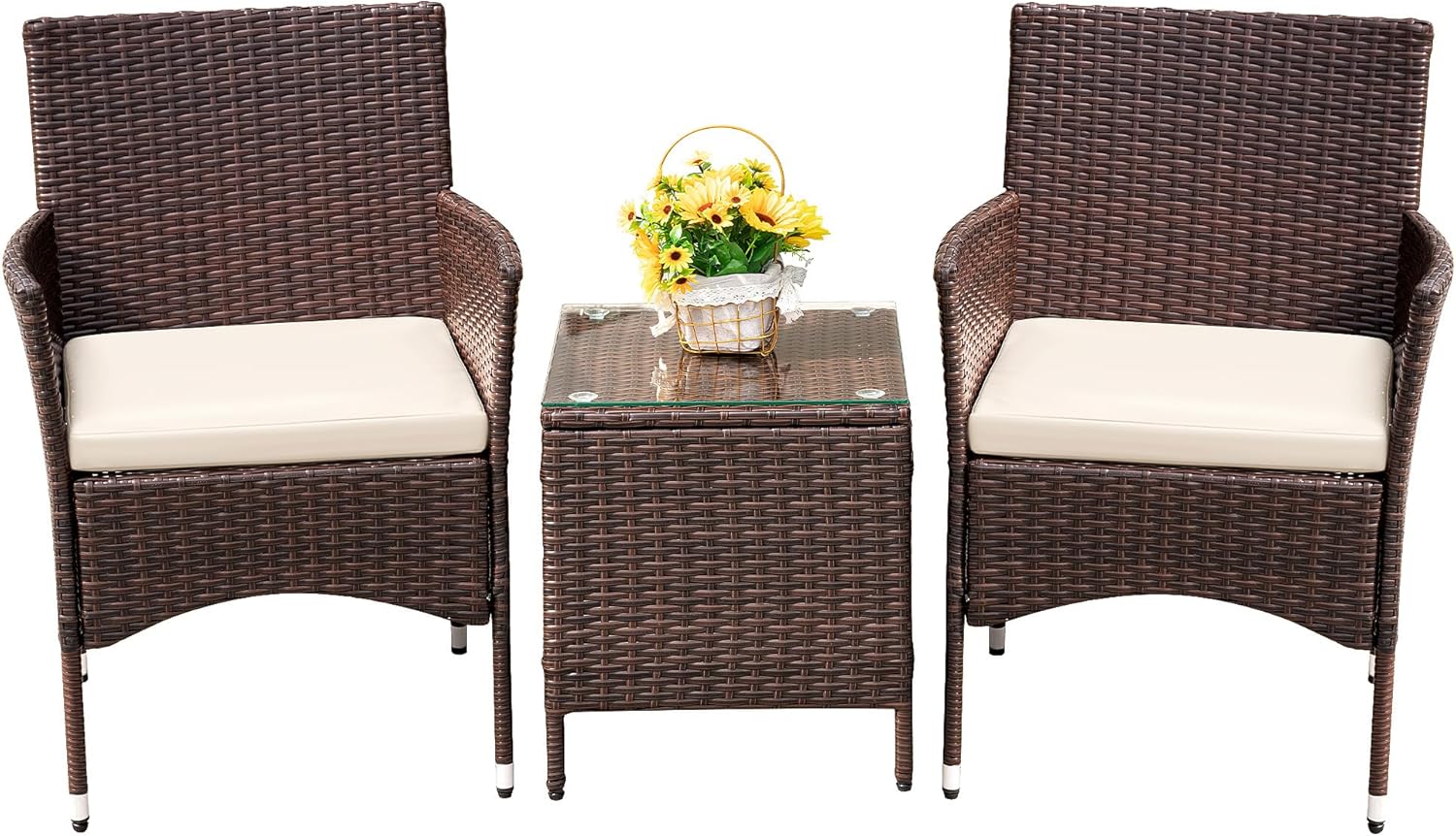 3-Piece Patio Porch Furniture Set, PE Rattan Wicker Chairs with Table, Outdoor Garden Conversation Set (Brown/Beige)