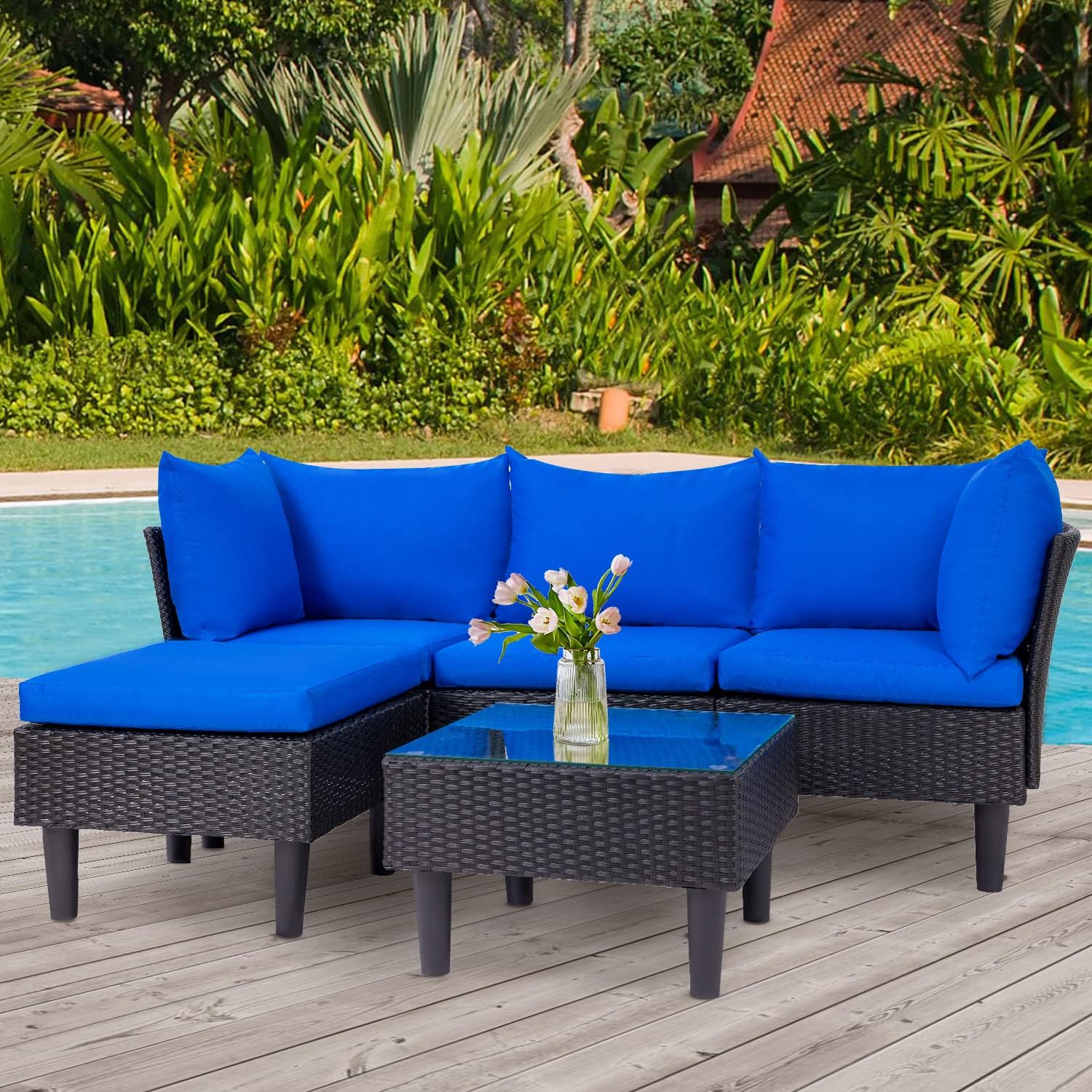 5-Piece Patio Sectional Furniture Set, Outdoor Wicker Rattan Sofa with Blue Cushions & Coffee Table for Backyard, Poolside, Porch & Garden