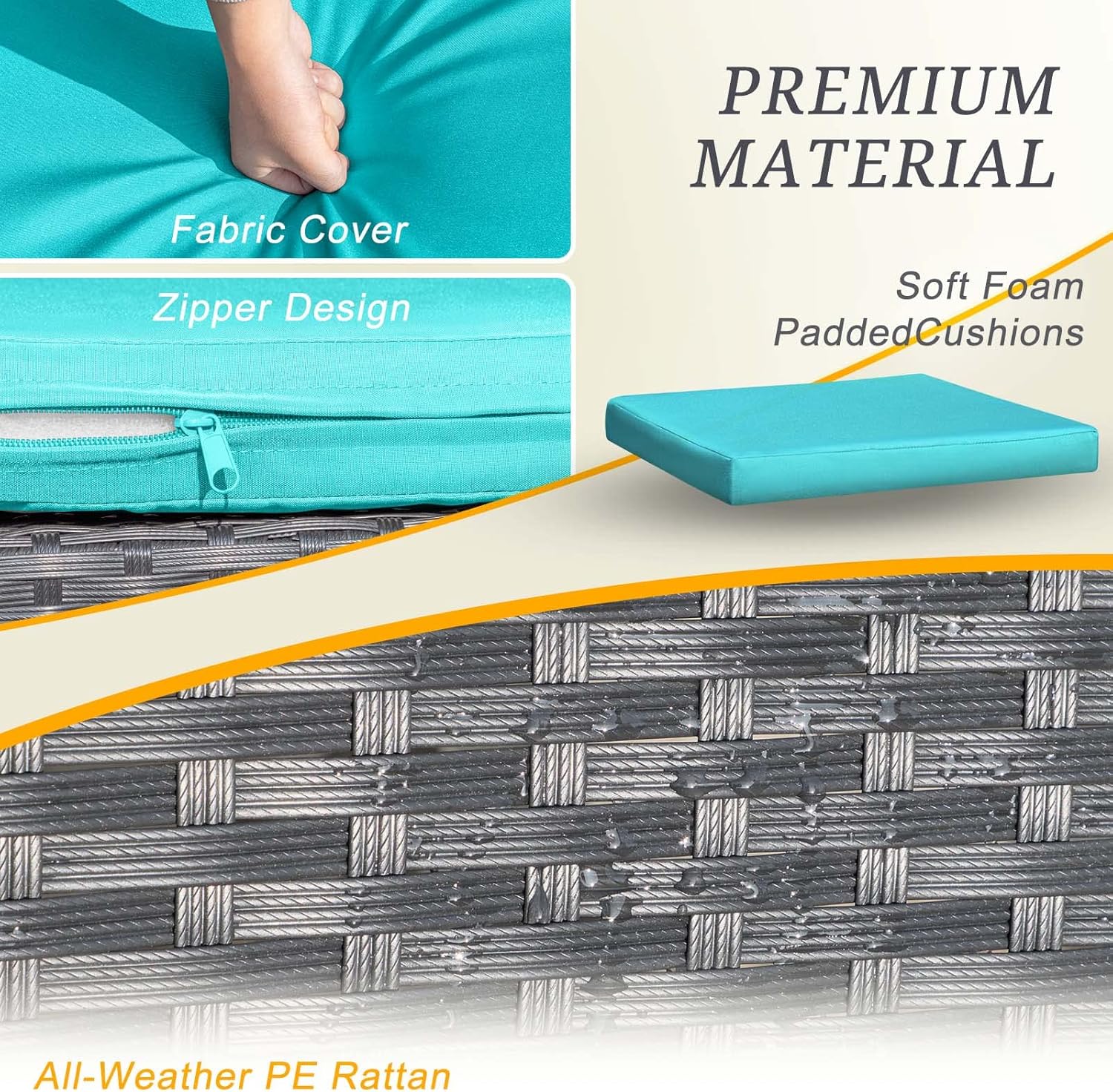 3-Piece Outdoor Patio Wicker Furniture Set, Modern Rattan Conversation Chairs with Coffee Table for Yard, Porch, Balcony & Bistro (Blue)