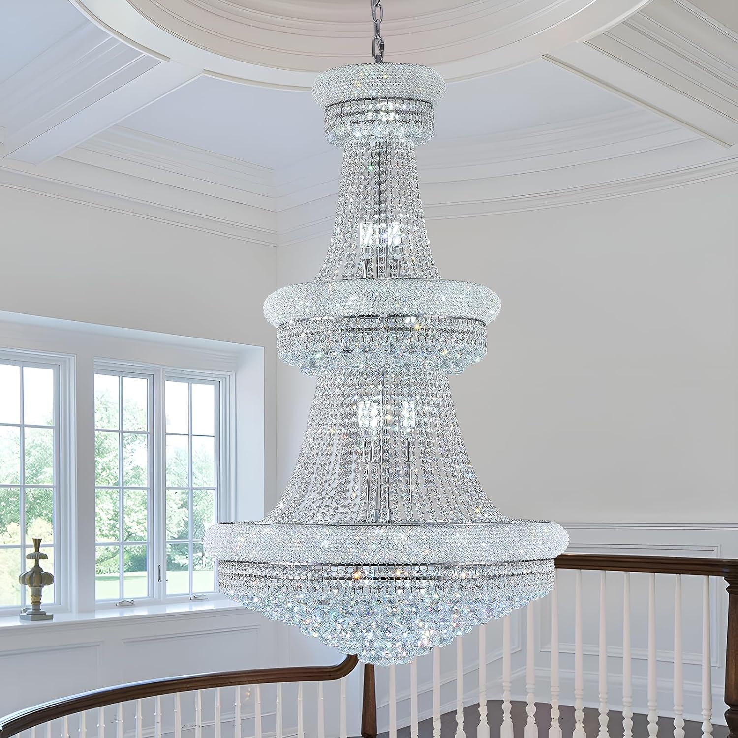 31 Lights Silver Finish Large Empire Crystal Chandelier Three-Tier, High Ceiling Chandelier Light fixtures for Foyer Staircase Living Room Entryway 51"H x 32"W V22-29