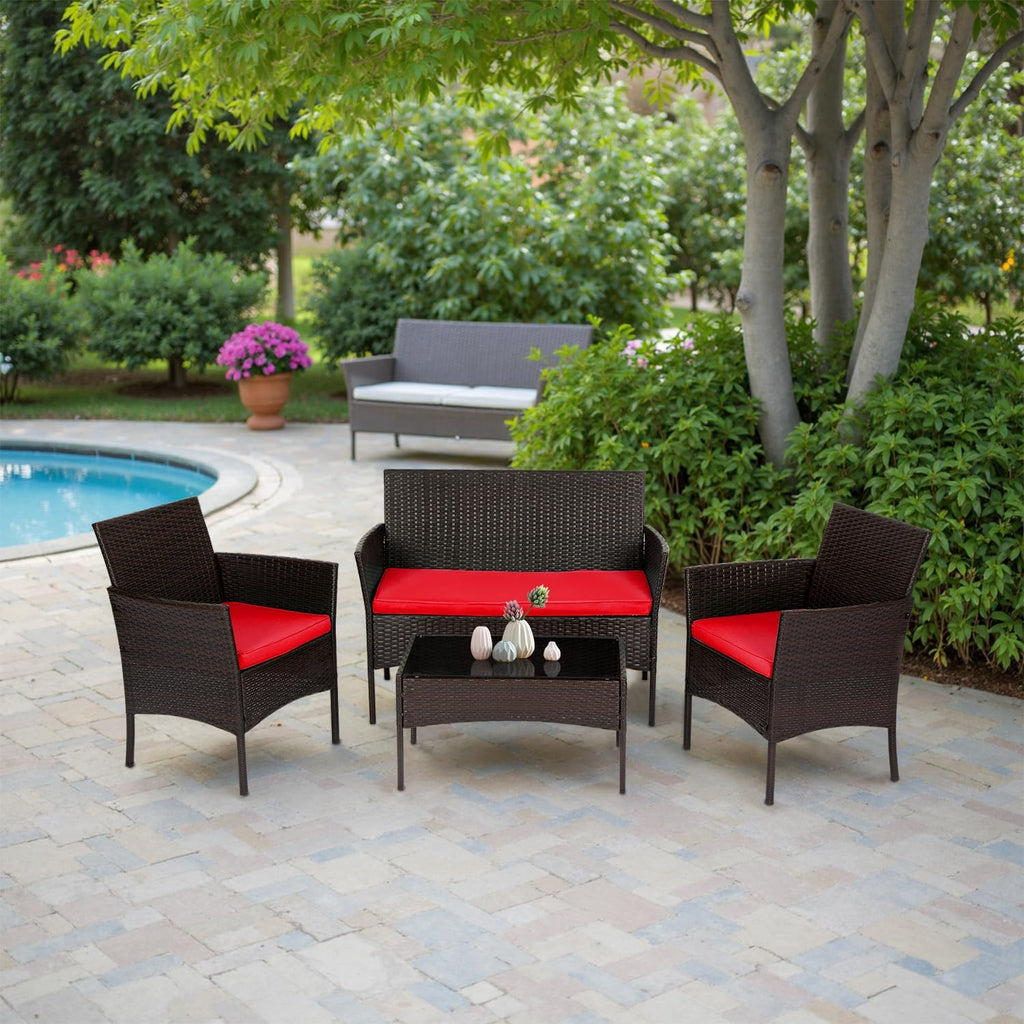 4-Piece Outdoor Patio Furniture Set, Red PE Rattan Wicker Chairs with Loveseat & Coffee Table – Weather-Resistant Conversation Seating for Porch, Garden & Lawn
