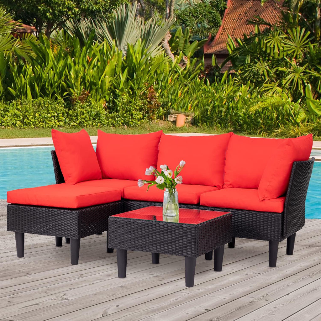 5-Piece Patio Sectional Furniture Set, Outdoor Wicker Rattan Sofa with Red Cushions & Coffee Table for Backyard, Poolside, Porch & Garden