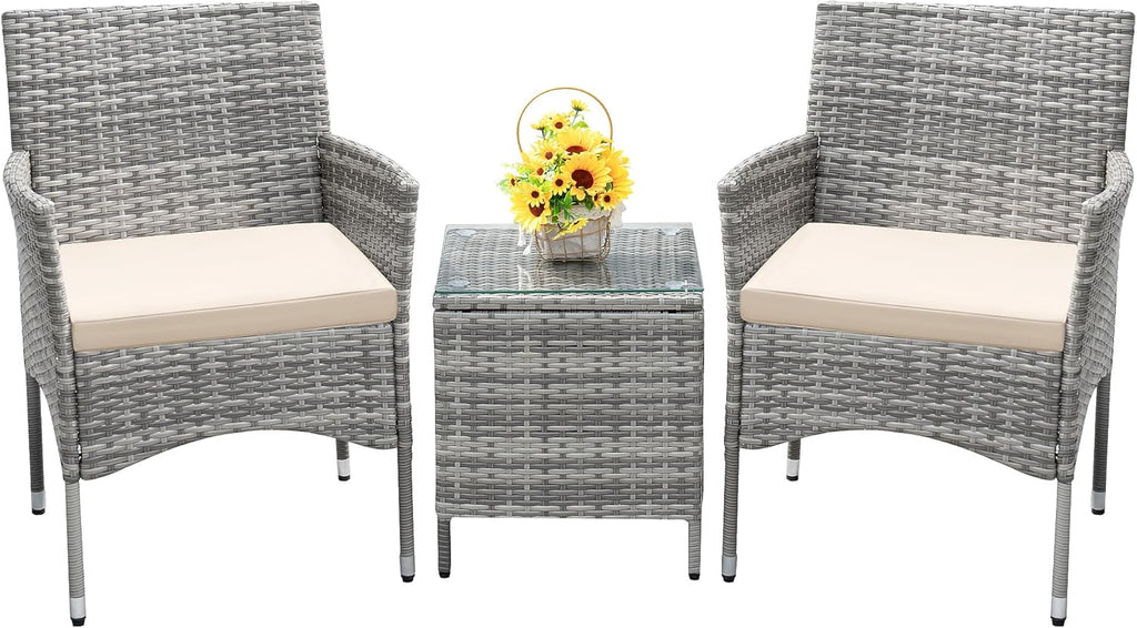 3-Piece Patio Porch Furniture Set, PE Rattan Wicker Chairs with Table, Outdoor Garden Conversation Set (Light Grey)