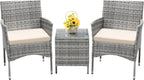 3-Piece Patio Porch Furniture Set, PE Rattan Wicker Chairs with Table, Outdoor Garden Conversation Set (Light Grey)