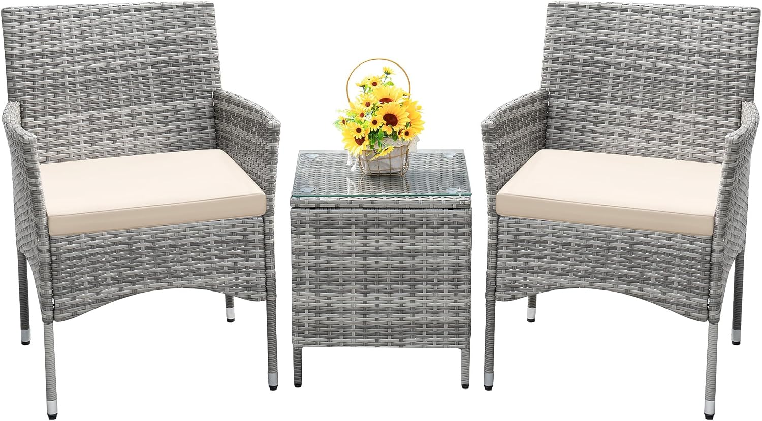 3-Piece Patio Porch Furniture Set, PE Rattan Wicker Chairs with Table, Outdoor Garden Conversation Set (Light Grey)