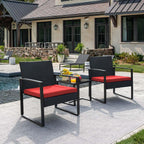 3-Piece Outdoor Patio Wicker Furniture Set, Modern Rattan Conversation Chairs with Coffee Table for Yard, Porch, Balcony & Bistro (Red)