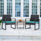 3-Piece Outdoor Patio Wicker Furniture Set, Modern Rattan Conversation Chairs with Coffee Table for Yard, Porch, Balcony & Bistro (Blue)