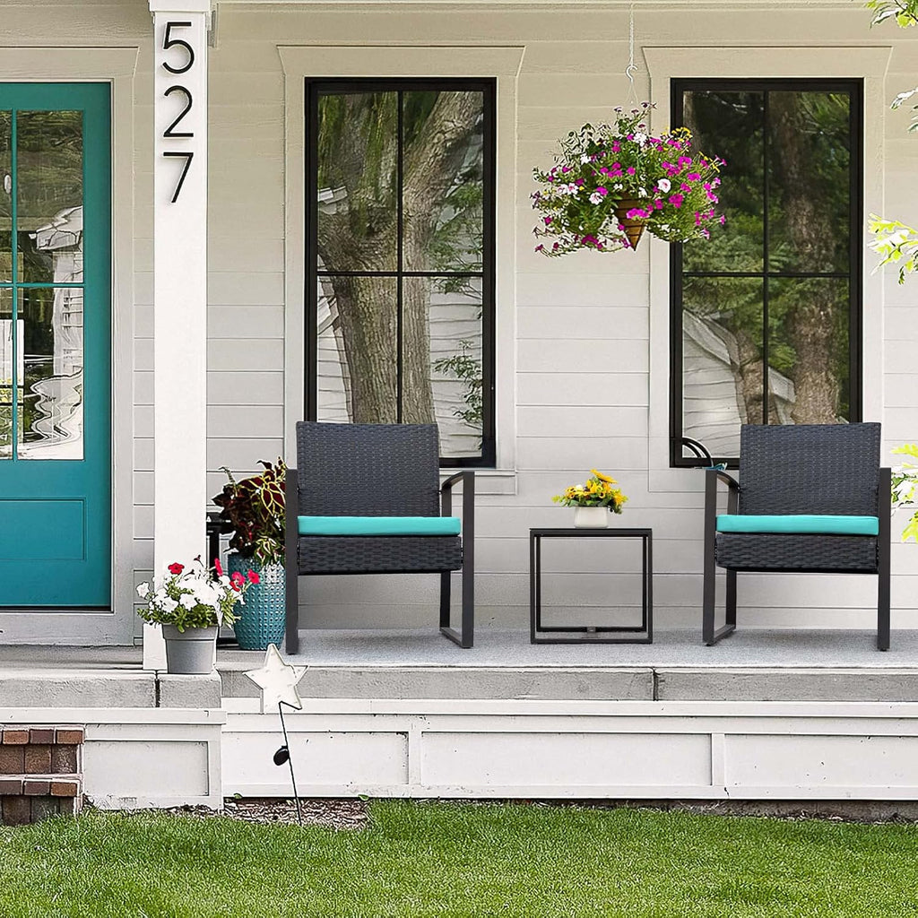 3-Piece Outdoor Patio Wicker Furniture Set, Modern Rattan Conversation Chairs with Coffee Table for Yard, Porch, Balcony & Bistro (Blue)