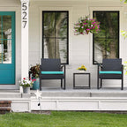 3-Piece Outdoor Patio Wicker Furniture Set, Modern Rattan Conversation Chairs with Coffee Table for Yard, Porch, Balcony & Bistro (Blue)