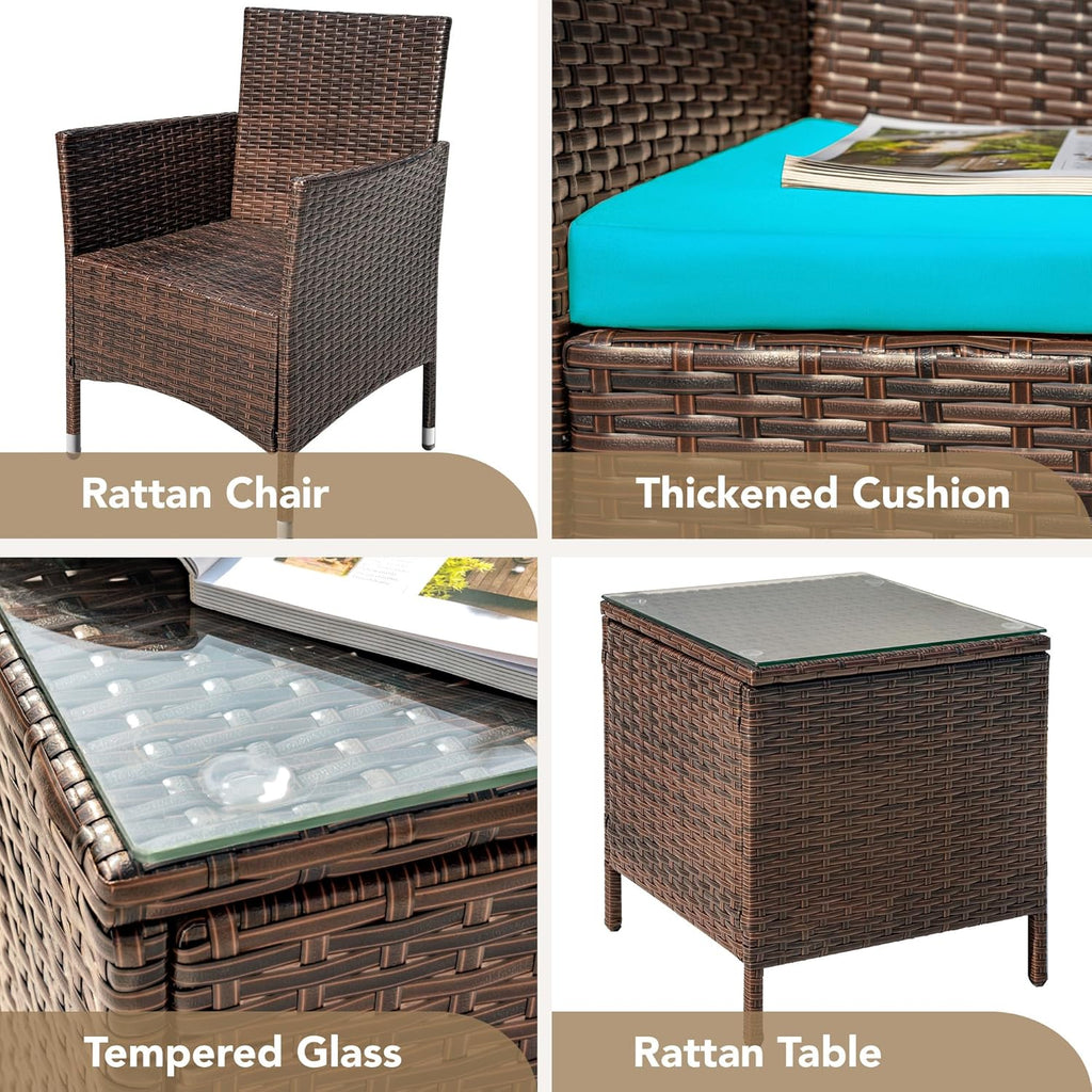 3-Piece Patio Porch Furniture Set, PE Rattan Wicker Chairs with Table, Outdoor Garden Conversation Set (Brown/Blue)