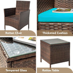 3-Piece Patio Porch Furniture Set, PE Rattan Wicker Chairs with Table, Outdoor Garden Conversation Set (Brown/Blue)