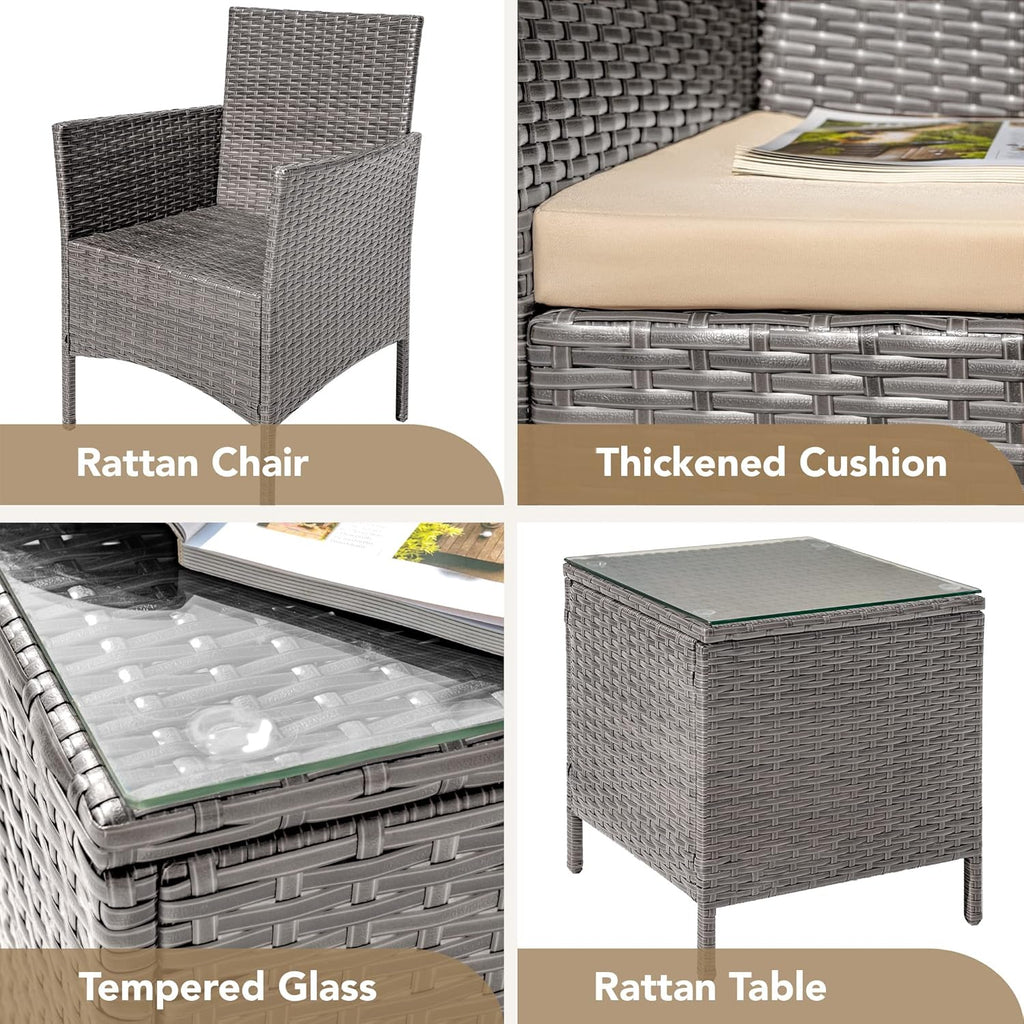 3-Piece Patio Porch Furniture Set, PE Rattan Wicker Chairs with Table, Outdoor Garden Conversation Set (Light Grey)