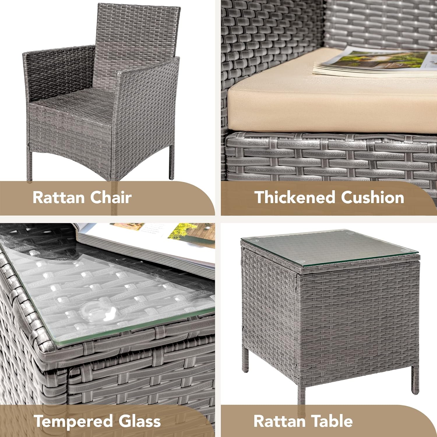 3-Piece Patio Porch Furniture Set, PE Rattan Wicker Chairs with Table, Outdoor Garden Conversation Set (Light Grey)