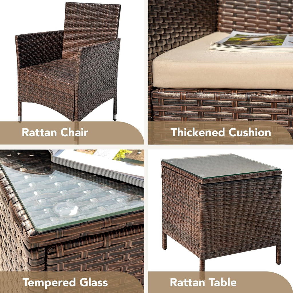 3-Piece Patio Porch Furniture Set, PE Rattan Wicker Chairs with Table, Outdoor Garden Conversation Set (Brown/Beige)