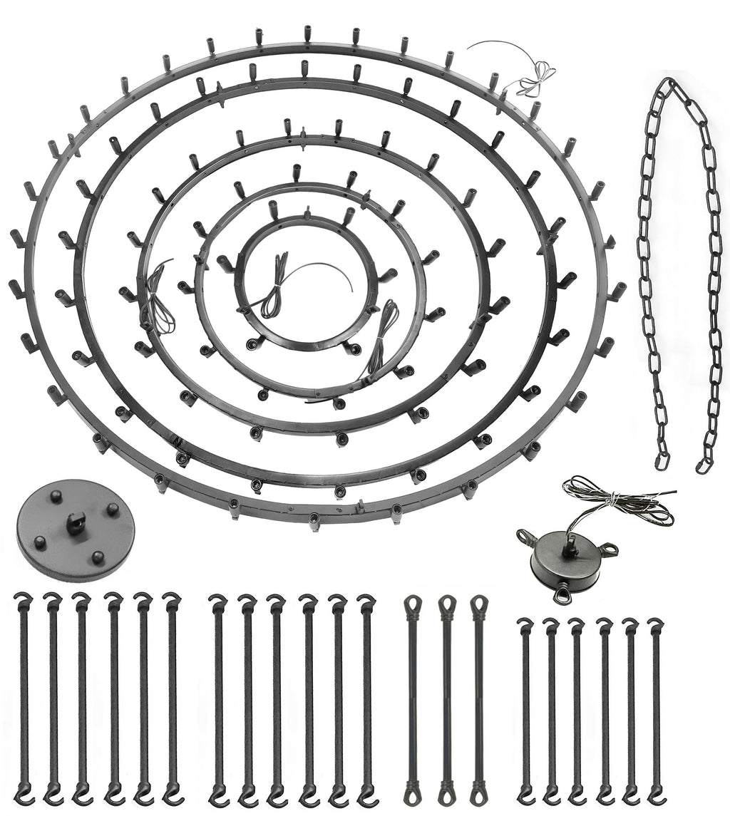90-Light Industrial Wagon Wheel Chandelier Black Finish, 63"x87" Wrought Iron Vintage Barn Castile Five-Tier Lighting