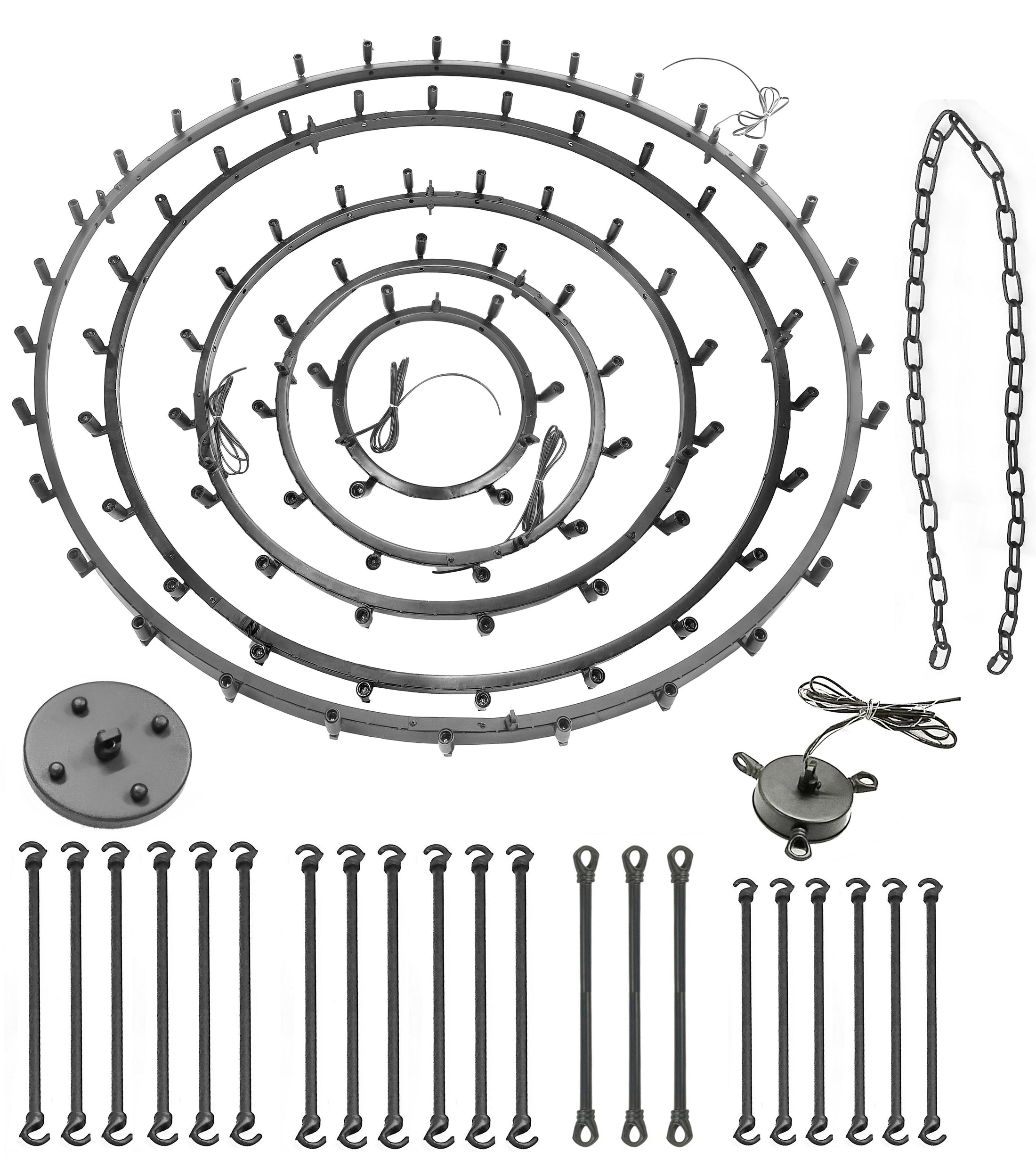 90-Light Industrial Wagon Wheel Chandelier Black Finish, 63"x87" Wrought Iron Vintage Barn Castile Five-Tier Lighting