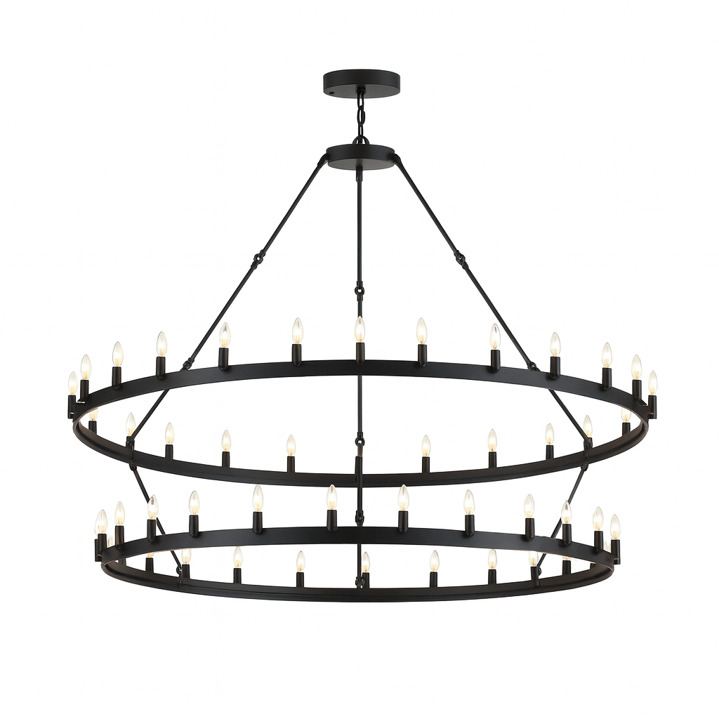 Vintage Castile Iron Chandelier 54 Lights Dual Tier Rustic Barn Lighting for Loft & Industrial Spaces (63" Wide x 60" High) Black, V21-01
