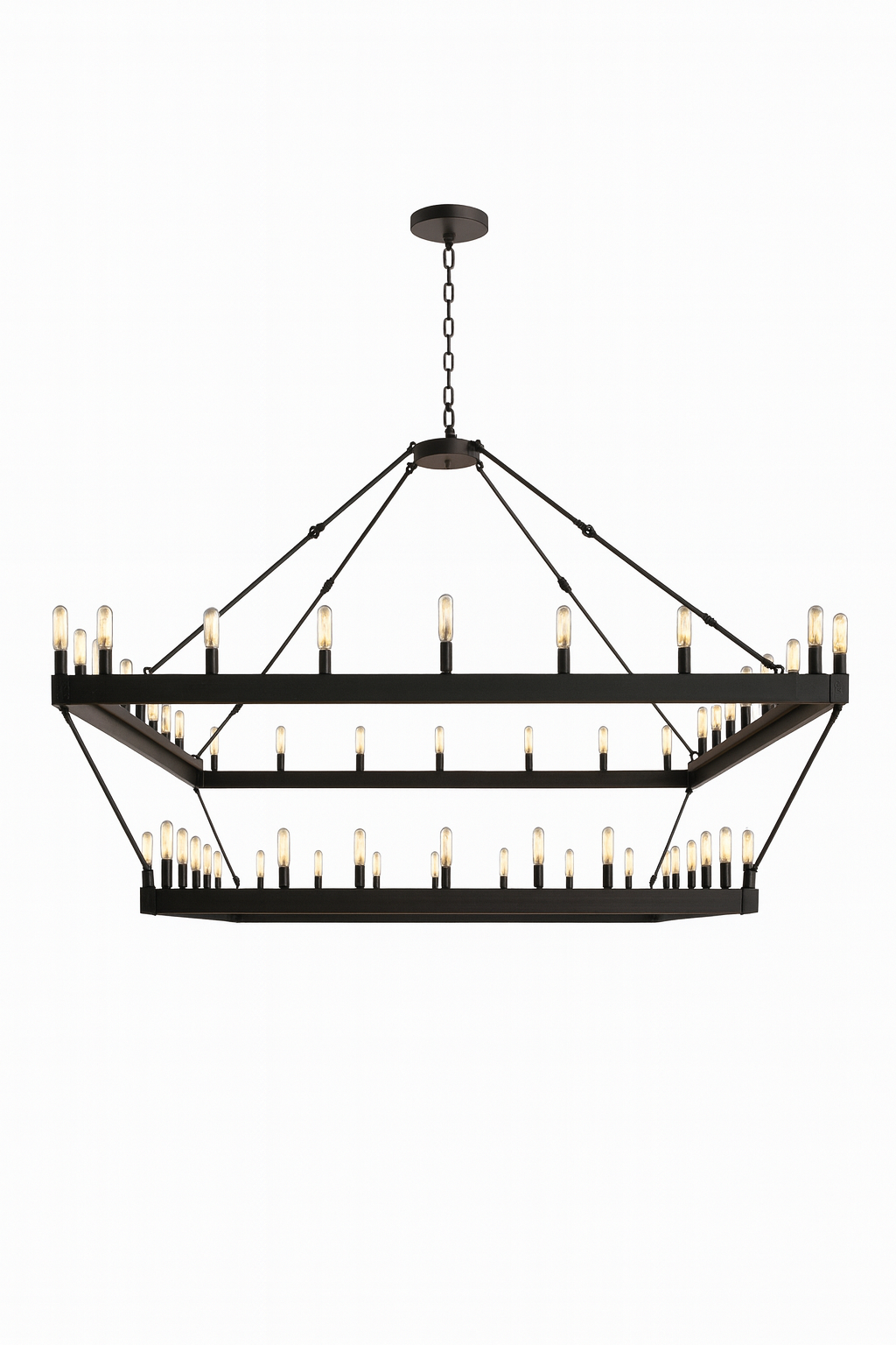 Wrought Iron Two-Tier Square Chandelier 52 Lights – Vintage Barn Castile Style, Rustic Industrial Loft Lighting, 63"W x 60"H Black, V21-03