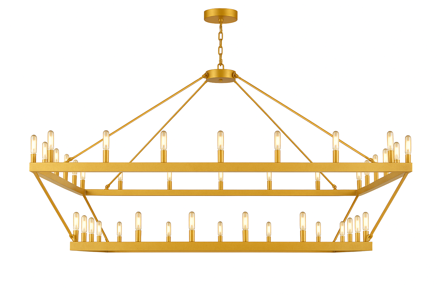 Wrought Iron Two-Tier Square Chandelier 52 Lights – Vintage Barn Castile Style, Rustic Industrial Loft Lighting, 63"W x 60"H Gold, V21-04