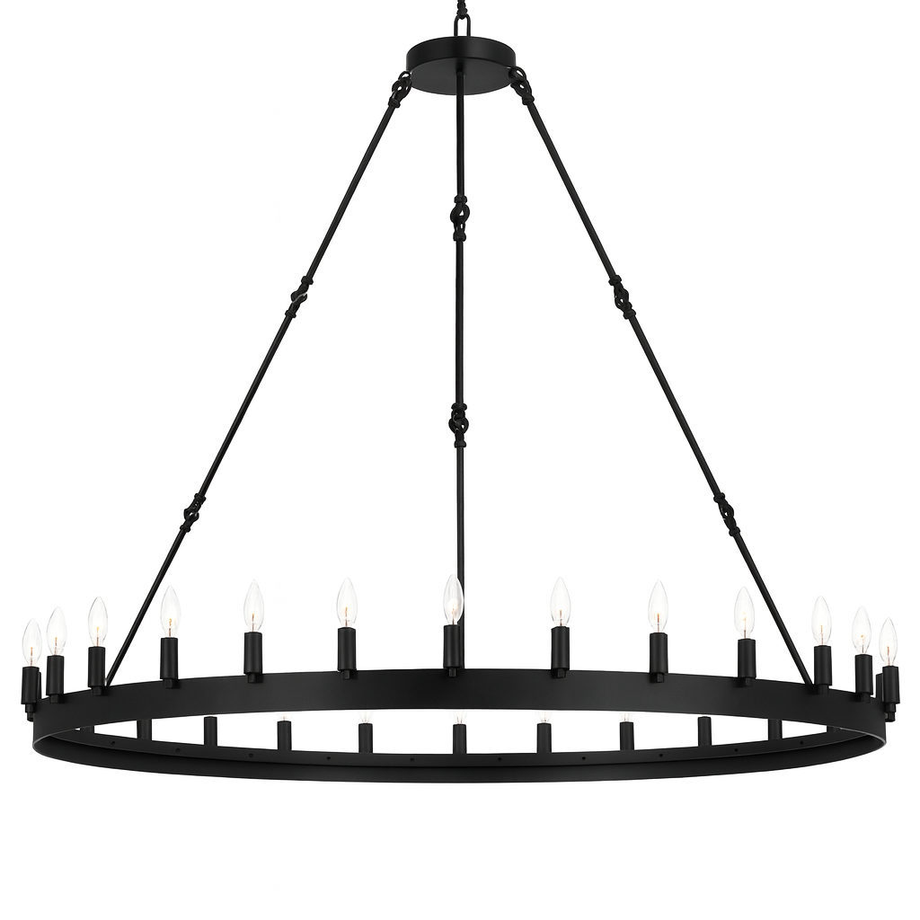 Vintage Wrought Iron Castile Chandelier 30 Lights – Rustic One-Tier Barn Loft Lighting, 63"W x 49"H Black, V21-05